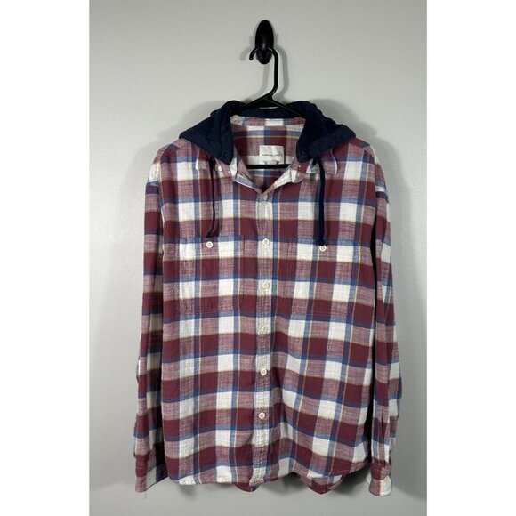 American Eagle Flannel Mens Medium Plaid Detachable Hood Grunge - Picture 1 of 9